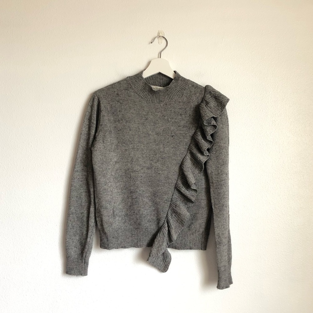 Loggia de Tessitori Gray Ruffle Wool Blend Knit Mock Neck Sweater Size Small